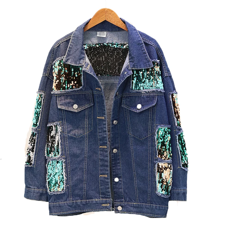 Veste Longues Déchiré Manches Trous Blue Manteau Jeans Lâche Étudiant Paillettes Et De Dark Nouveau Denim Lavé Printemps Automne Femmes 2018 86Yz0z