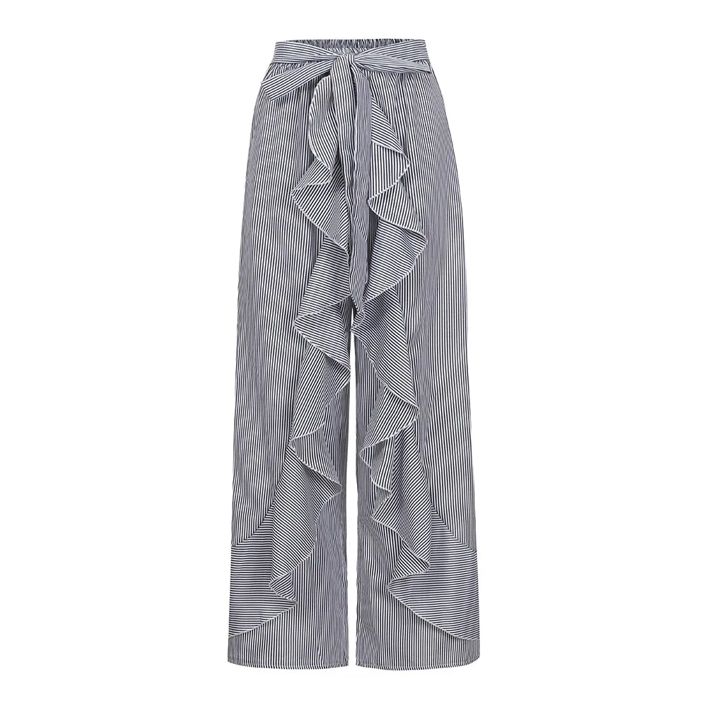 

New Fashion Women Ladies Summer Striped Wide Leg High Waist Pants Casual Long Trousers high quality hot sale W312