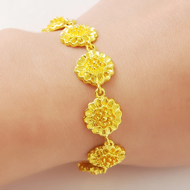 Высокое качество 24 K позолоченный браслет изысканный цветок звено цепи 18,5 см длинный желтый золотой цвет для женщин девочек роскошный подарок