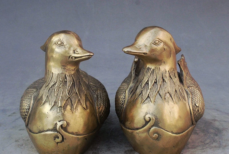Chinese Fengshui Brass 2 Mandarin Duck Aix Galericulata Statue
