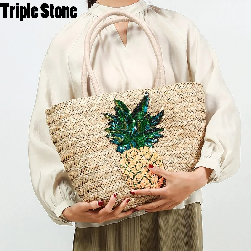 

Pineapple Straw Bag Sequined Bag Large Causal Tote Shoulder Bag Woven Handmade Summer Beach Bag Lady Basket Handbag Drawstring