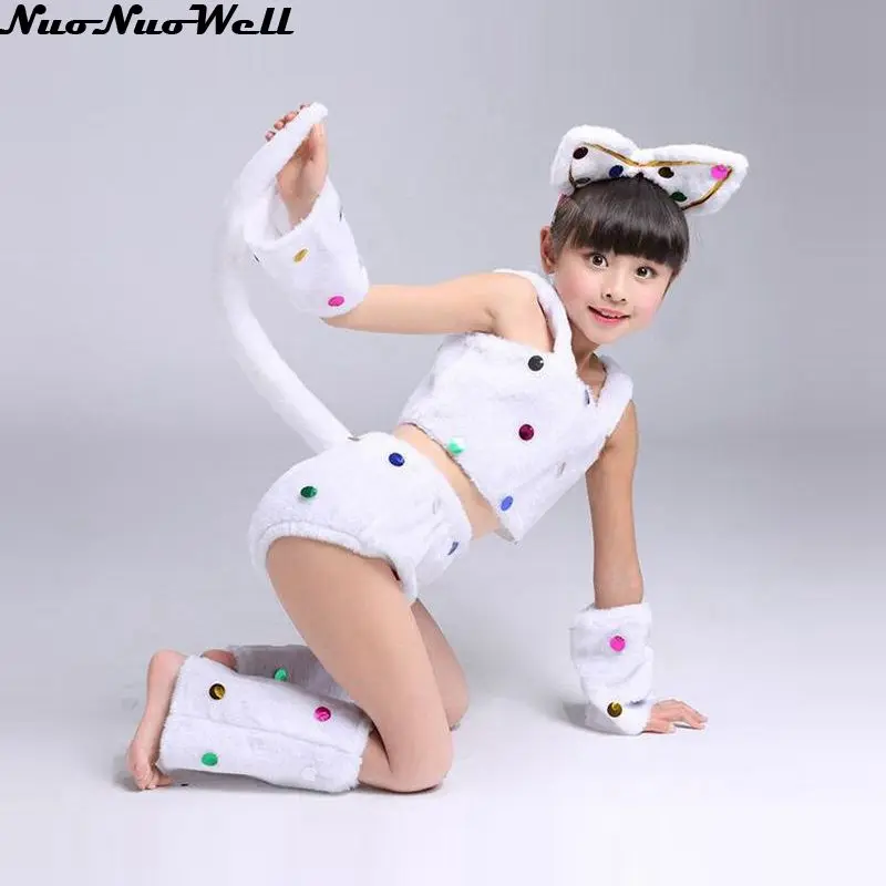 

Kids White Cat Girl Suit Carnival Cosplay Costume Children's Day Fancy Dress Party Clothing with Ears & Short Sleeve & Set Foot