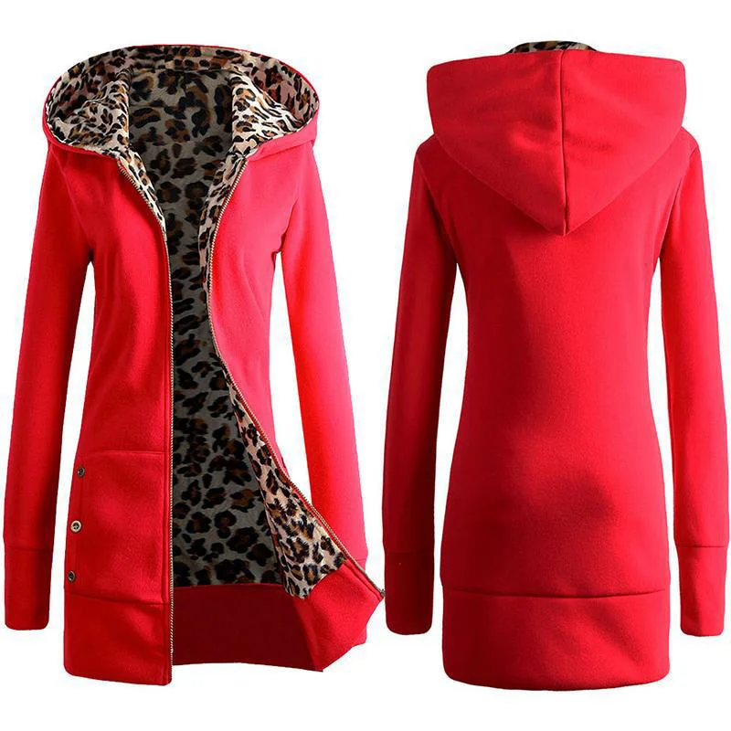 

Newly Women Winter Overcoat Leopard Zipper Hooded Long Sleeves Fleece Lined Slim Fit dropshipping