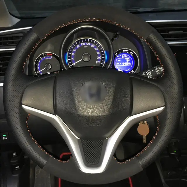 MEWANT Black Orange Leather Car Steering Wheel Cover for Honda Fit 2014