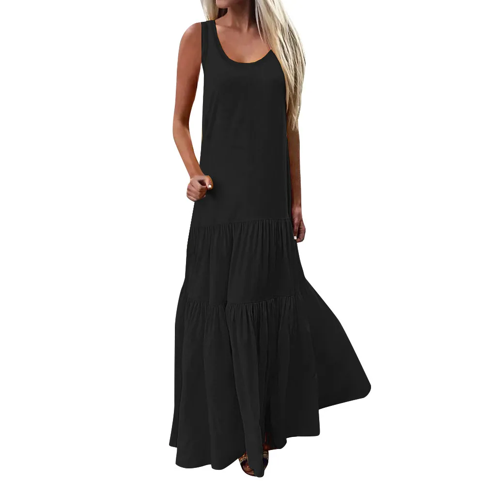 

SAGACE 2019 Women Dress Solid color Bohemian Dress Sleeveless Low Cut Ruffles Casual Solid Casual Baggy Swing Long Dress Women