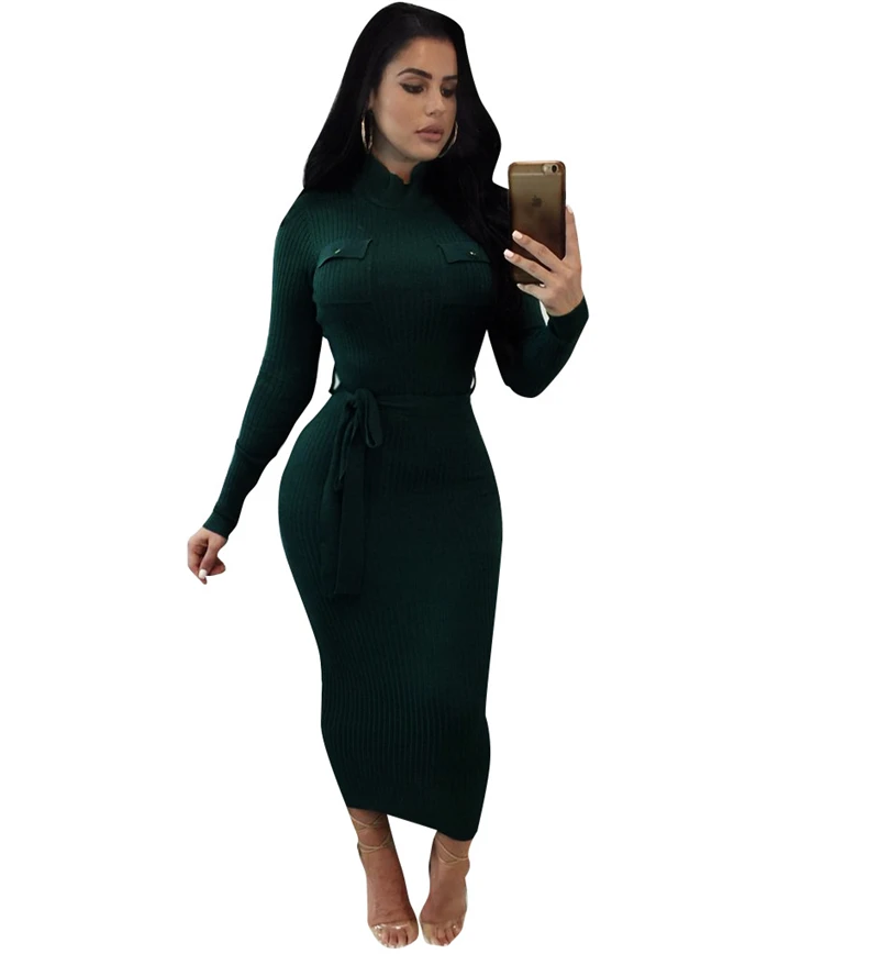 Женское трикотажное платье карандаш с высоким воротником и длинным рукавом|vestidos