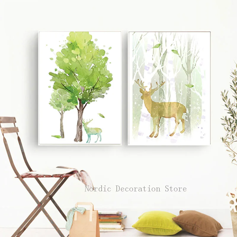 Nordic Poster Elk And Tree Watercolor Green Posters Prints Wall Art Canvas Painting Picture For Living Room Frameless | Дом и сад