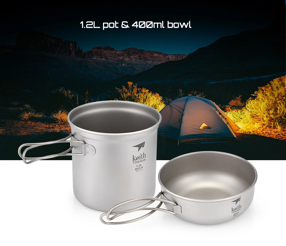 Keith Portable Tableware Foldable Handle 1.2L + 400ml Titanium Pot Bowl 