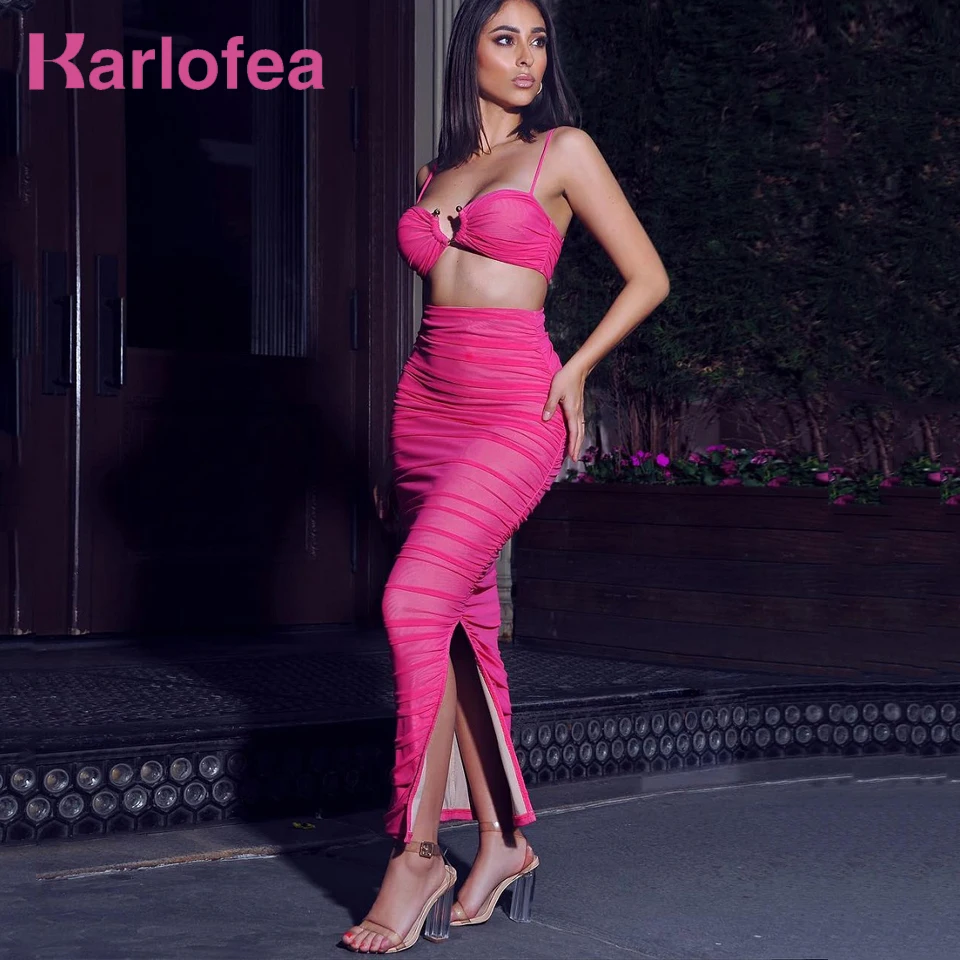 

Karlofea Fashion Hot Pink Set Women Summer Fitted Strap Puch Up Bra And Long Skirt Outfits Suit Sexy Club Party Two Piece Sets