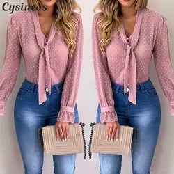 Cysincos женские блузки 2019 мода длинный рукав v-образным вырезом розовая рубашка шифоновая офисная блузка тонкие повседневные топы плюс размер