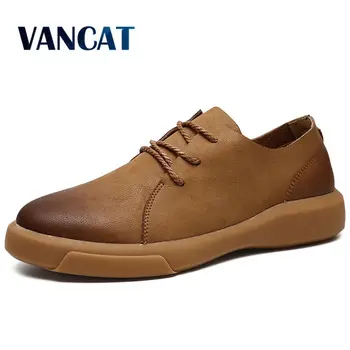 

Vancat Big Size Comfortable Split Leather Men Shoes Quality Lace Up Casual Men Leather Loafers Soft Men Flats Moccasins Shoes