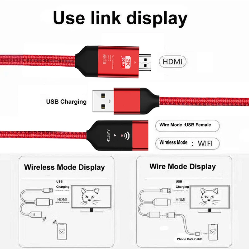 2K 60Hz USB HDMI беспроводной Wifi зеркальный литой Кабель-адаптер для iPhone iPad iOS Micro usb type C Android телефон к телевизору HD tv проектор