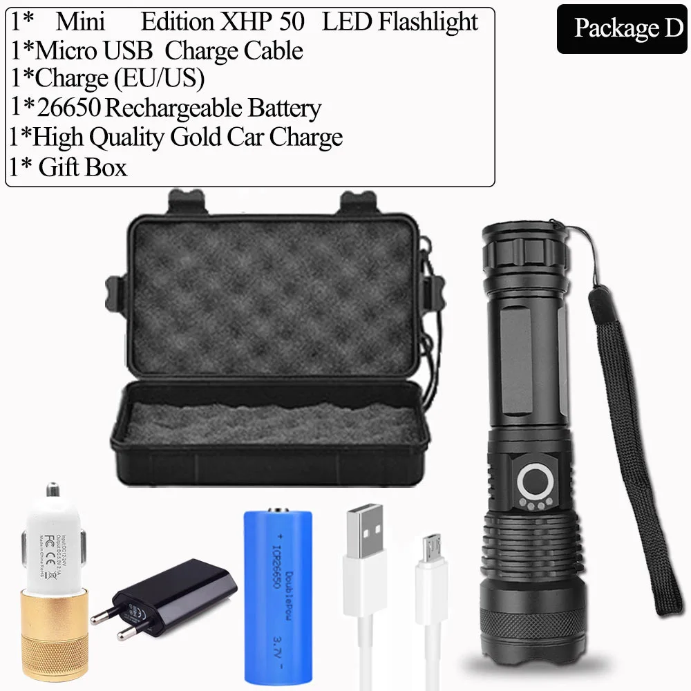 Package D Супер яркий XLamp xhp70.2 самый мощный светодиодный светильник-вспышка с usb Zoom фонарь xhp70 xhp50 18650 или 26650 перезаряжаемый аккумулятор светодиодный светильник - Испускаемый цвет: Package D