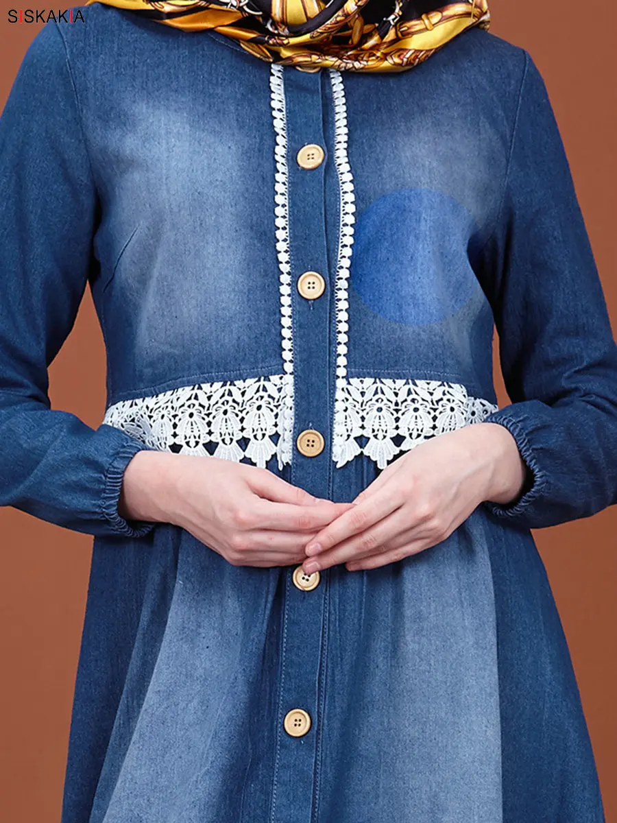 Siskakia элегантное кружевное вышитое женское длинное платье однобортный Кардиган мусульманский джинсовый Халат длинный рукав осень