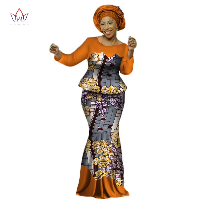 Africa Style Bazin Riche Dresses for Women Two Pieces Set Women Long Sleeve Tops and Long African Print Skirt Plus Size WY2454