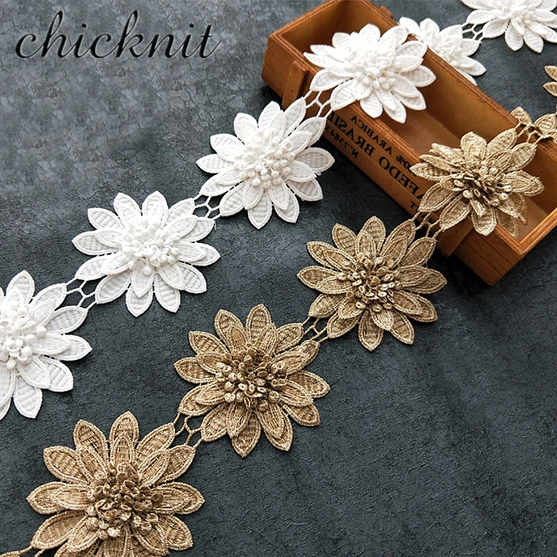 

CHICKNIT wide 9cm 3D gold white flower lace ribbon sewing craft accessories Wedding dress accessories LT01