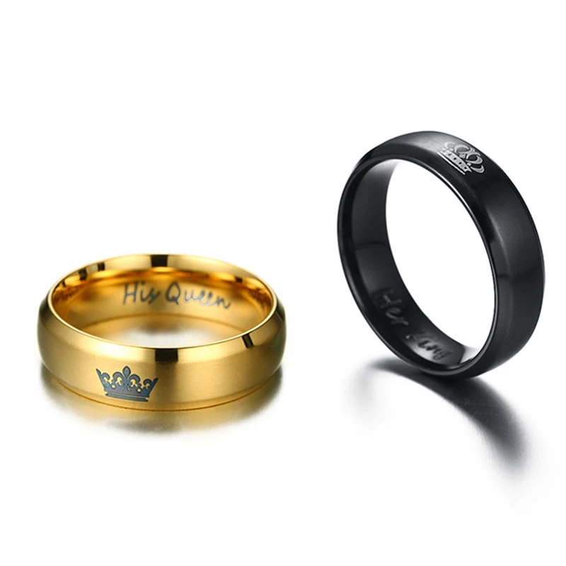 Lovers' Ring Black Gold Color Couple Ring Stainless Steel Wedding Alliance Crown Ring for Women and Men Promise Jewelry