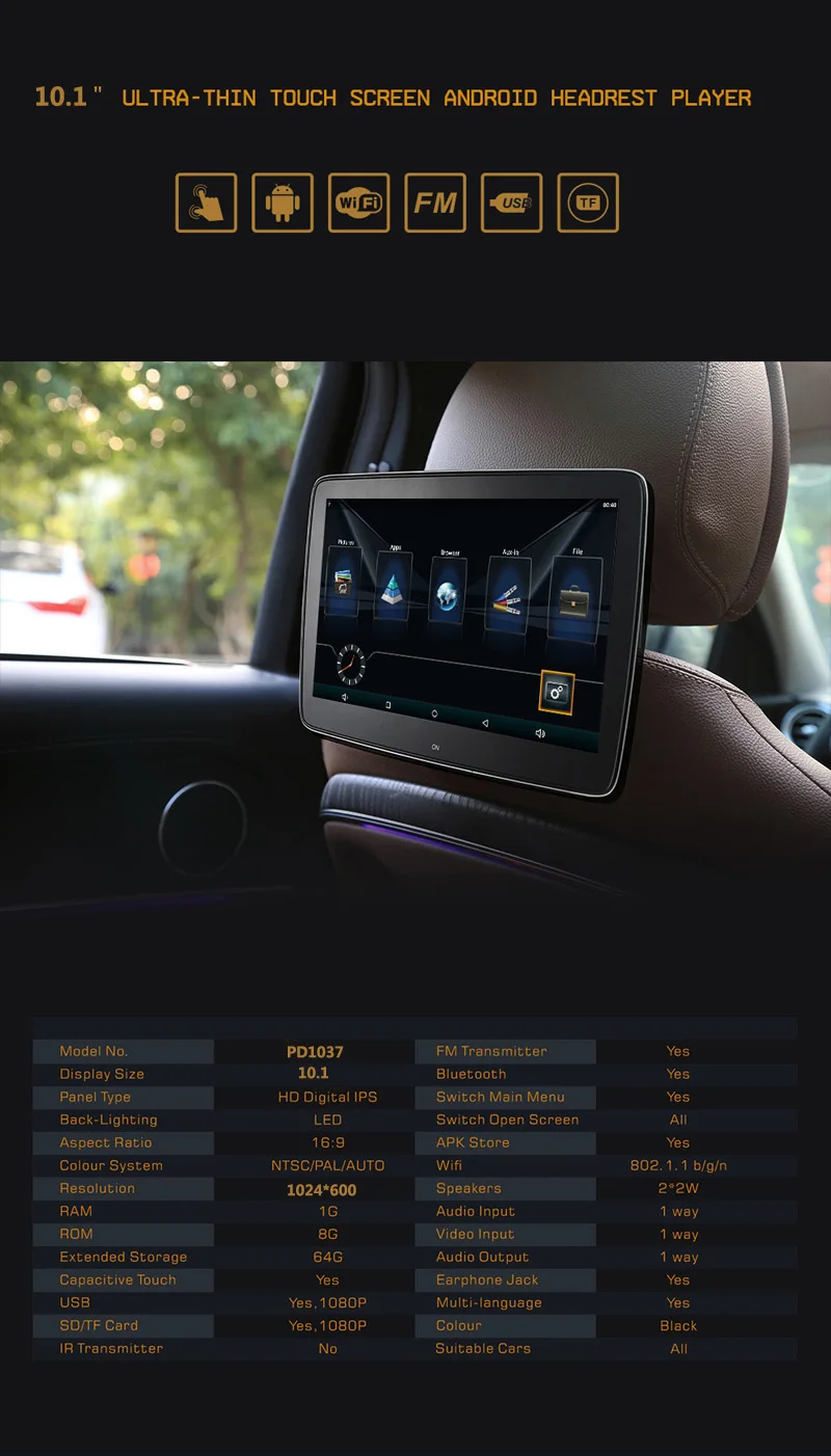 Cemicen 2 шт. 10,1 дюймов Android 6,0 монитор в автомобиле ips сенсорный экран HD 1080P MP5 видео с wifi/USB/SD/Bluetooth/FM/динамик/игра