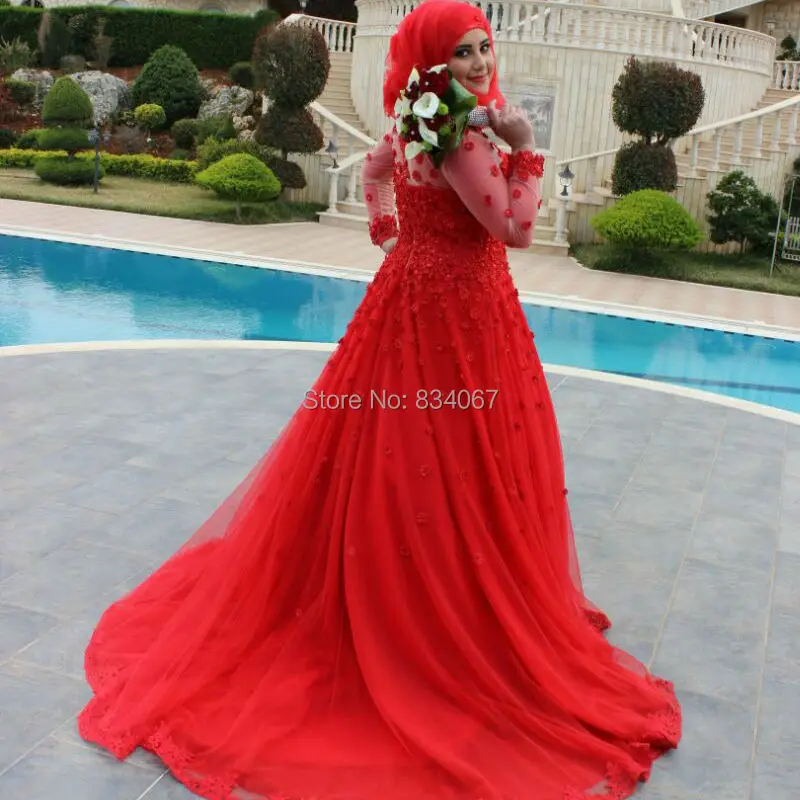 Red Muslim font b Hijab b font Wedding Dress 2017 vestidos de noiva Sheer Long Sleeves