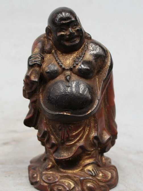 

R0717 Details about 6" Chinese Buddhism Wood Stand Happy Laugh Maitreya Buddha Money Bag Statue (B0328)