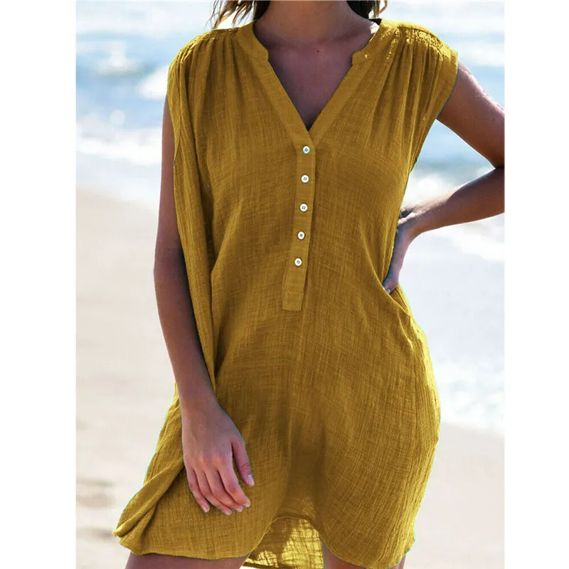 Новинка, женское Короткое мини-платье с v-образным вырезом на пуговицах, купальник, накидка, летнее пляжное льняное Повседневное платье-сарафан без рукавов - Цвет: Цвет: желтый