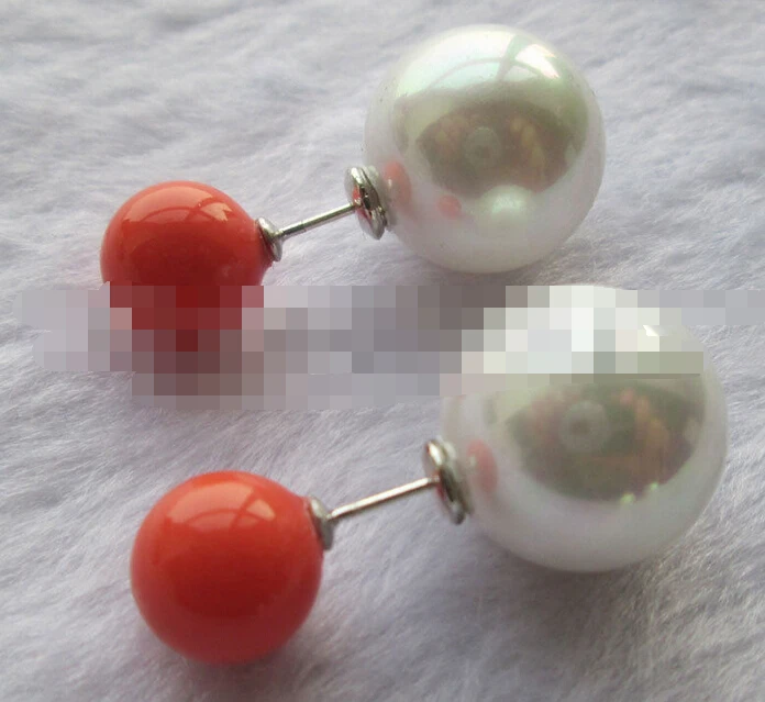 

hot sell new - free shipping 00321 pink coral color + white round sea shell pearl earring