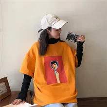 Корейский ulzzang женская одежда Уличная Стиль персонажа полукруглый вырез японский Повседневный harajuku Графический футболки