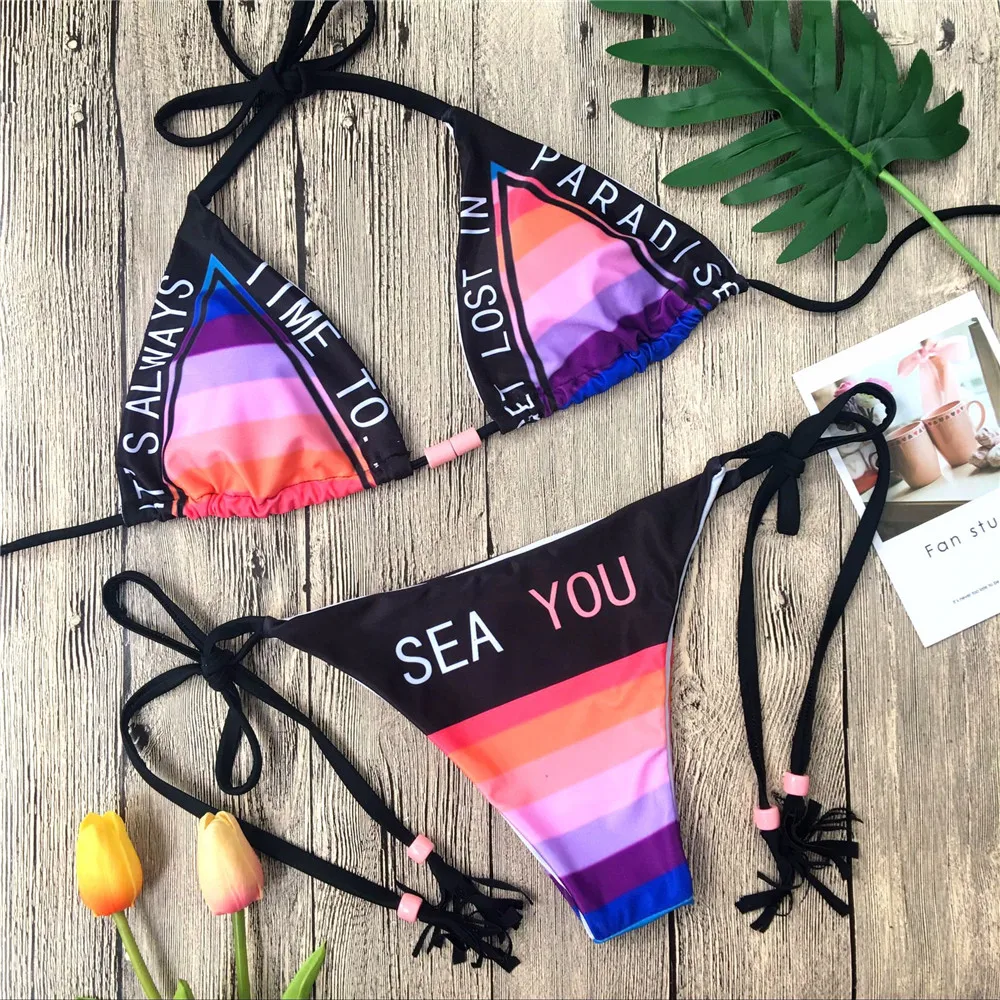 Günstig Melphieer Bikini 2020 Mädchen String Krawatten Halter Brazilian Bikini Badeanzug Brief Drucken Bademode Sommer Strand Tragen Badeanzug