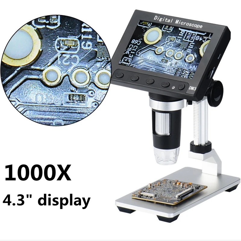 

1000x 5.0MP USB Digital Electronic Microscope 4.3"LCD Display VGA Video Microscope with 8LED and Stand for PCB Repairing