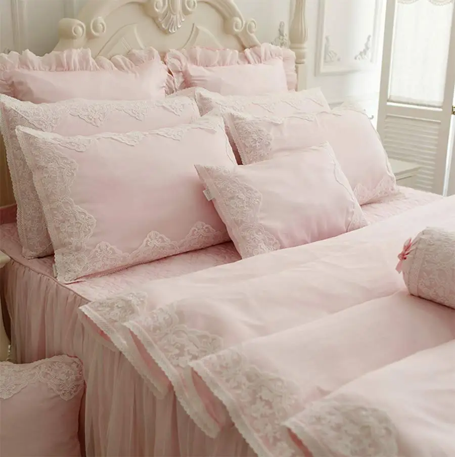 Princess Pink Purple Lace Cotton Bedding Sets Girl Plush Cotton