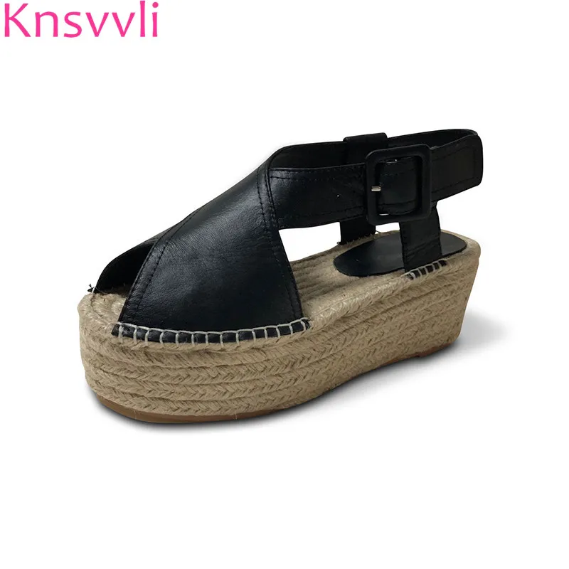 

Knsvvli Summer Newset Platform Shoes Women Sandals Hemp Rope Retro Cowhide Rome Peep Toe High Heeled Sandals Ladies