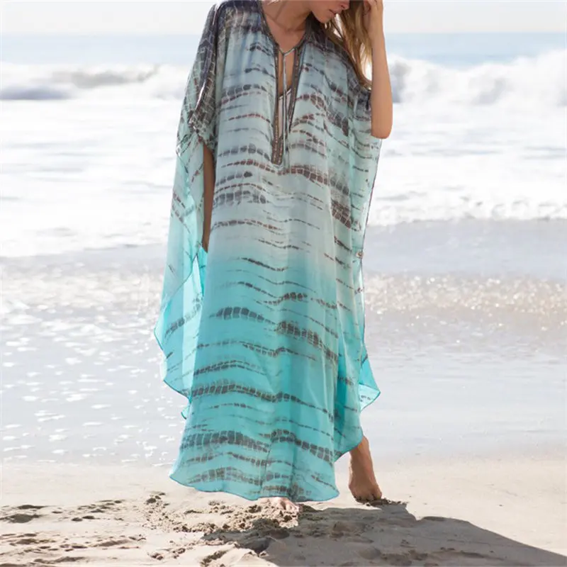 

2019 Bohemian Striped Printed Kaftan Beach Dress Plus Size Women Summer Beachwear Lace Up Side Split Maxi Dress robe plage N680