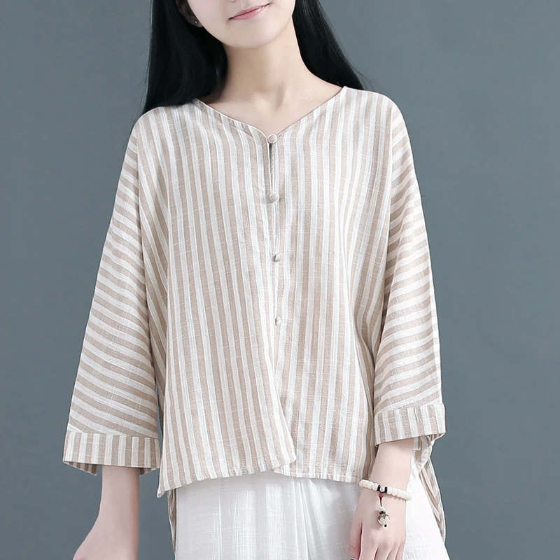 Cotton Linen Vertical Striped Shirt Women Loose Khaki Red Three