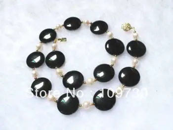 

Jewelry 002017 necklace black onyx 20mm flat round beads mixed white pearl