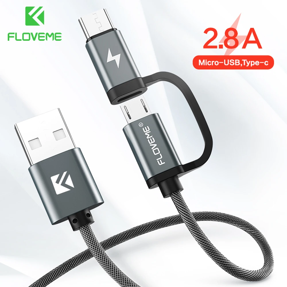 

FLOVEME QC 3.0 USB Cable Micro USB Type C 2 in 1 Fast Charging Cable For Samsung Galaxy S9 Note8 For Huawei p20 Redmi note 5 pro