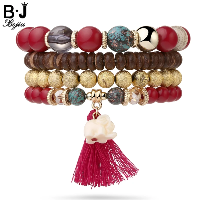 

BOJIU Bohemia Resin Charm Bracelet Set For Women Gold Color Beaded Bar Bracelet Sets of 4pcs Women's Bracelets BCSET11
