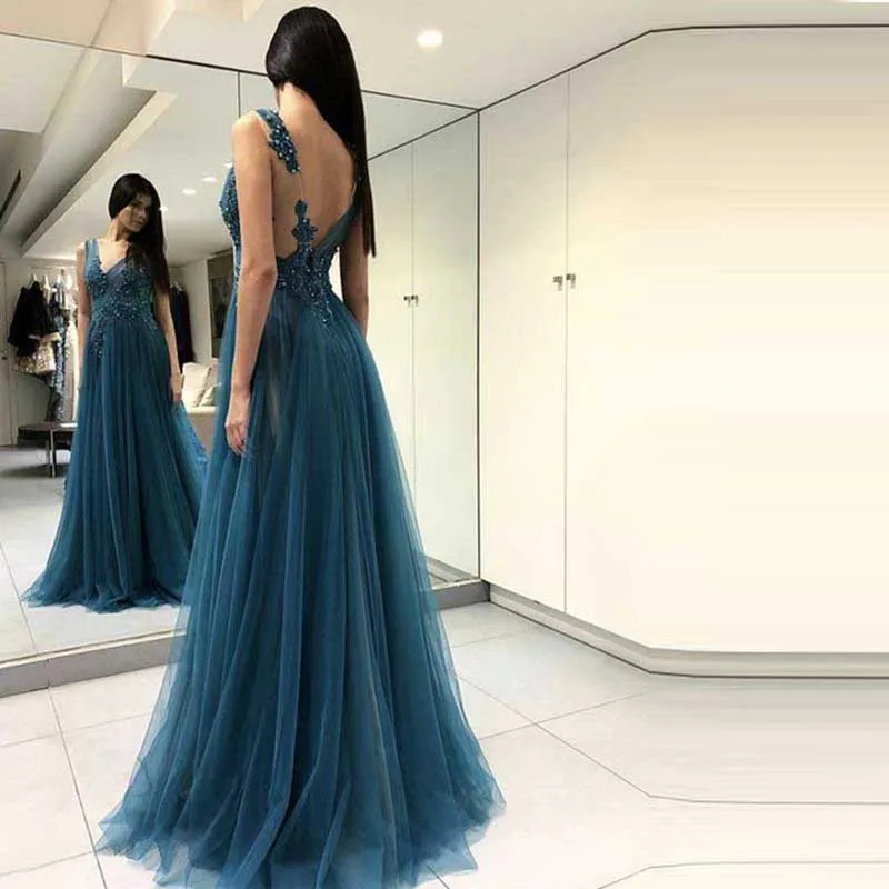 

Sexy V Neck Evening Dress Long Side Split Tulle with Lace Applique Beading Sleeveless Evening Prom dress Party Beach dress