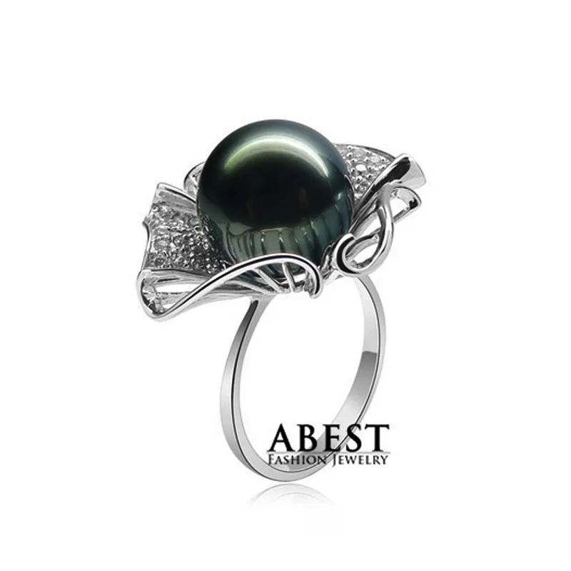 Large 10 11mm Black Natural Tahitian Pearl Silver Ring Big Sterling Silver Tahitian Pearl Women Engagement