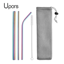 UPORS 5 шт. 304 соломинка из нержавеющей стали многоразовые изогнутые металлические соломинки смузи Питьевая соломинка+ щетка для очистки/мешочек