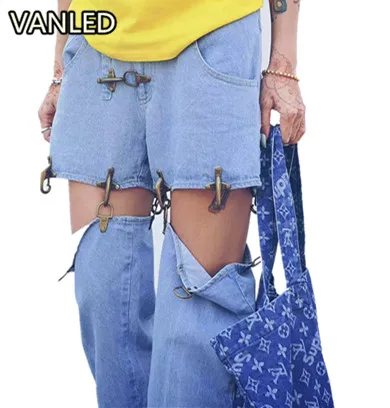 

Harajuku Punk Personality Metal Buckles Wash Jeans Hollow Out Removable Cowboy Jeans