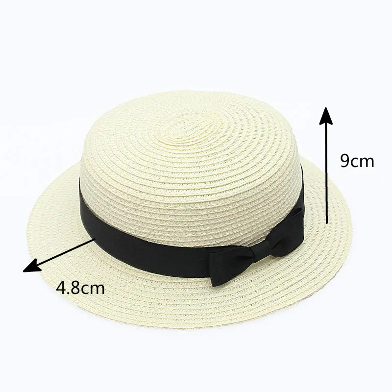 Panama Hat Female Casual Lady Women Simple Summer Beach Flat Brim Bowknot Straw Cap Girls Sun Hat