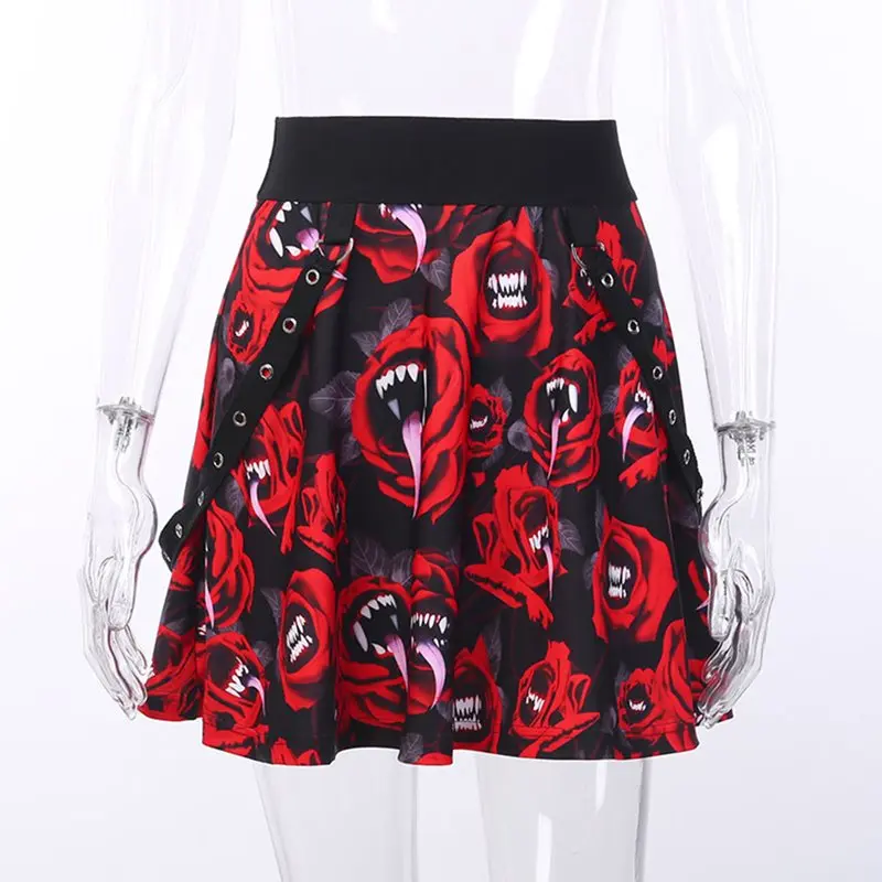 Punk Streetwear Women Mini Skirt New Fashion Devil Print Cool Gothic Suspender Casual Summer Elastic High Waist Skirts Girl