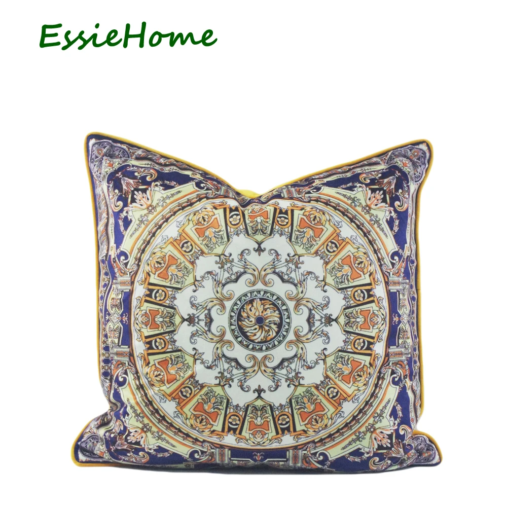 

ESSIE HOME Print Velvet Pillow With Piping Blue Mandala Round Rococo Baroque Style Soft Cushion Cover Pillow Case Home Decor