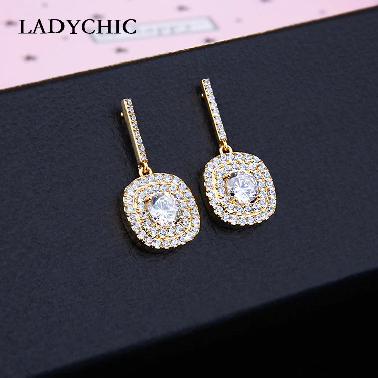 Женские двухслойные серьги подвески LADYCHIC из серебра 925 пробы с цирконом золотого