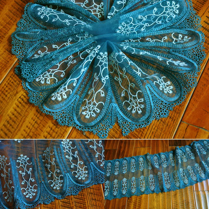 

5M/lot Luxury cosplay court style blue lace accessories wide 26cm blue and green double-sided yarn embroidery lace trims SC761