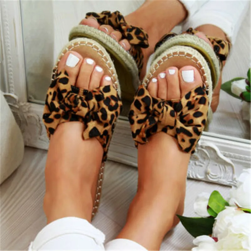 

LOOZYKIT New Womans Slip On Sandals Bow Flat Mule Leopard Linen Hemp Summer Sliders Espadrille Shoes Sizes Dropshipping