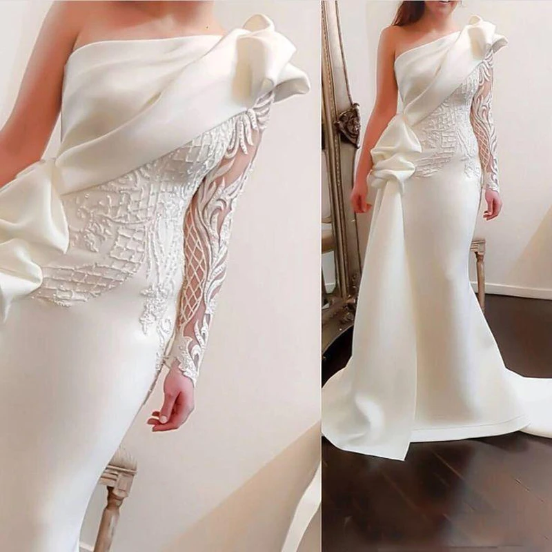 2018 Arabic Mermaid Formal Evening Dresses with One Shoulder Sash Long Sleeve Lace Appliques Asymmetric Trumpet Prom Gowns Party Wear159