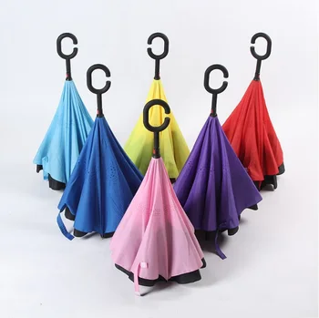 

10pcs Creative Inverted Umbrellas Double Layer With C Handle Inside Out Reverse Windproof Umbrella 7 colors