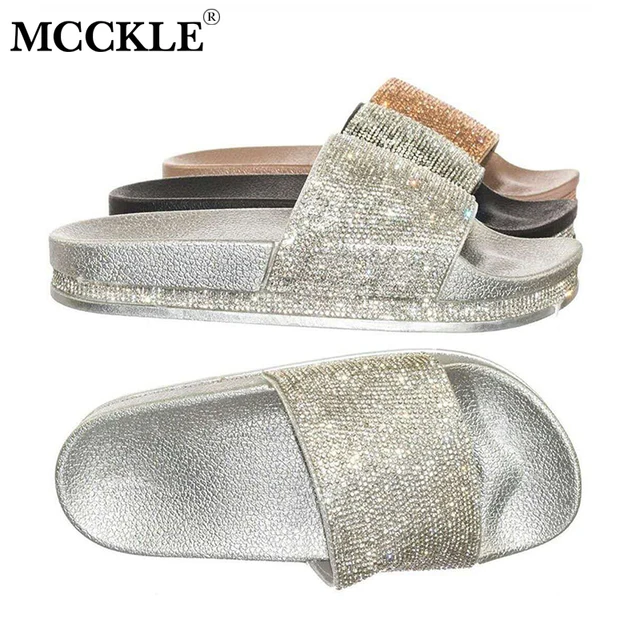 MCCKLE Women Summer Casual Crystal Flat Platform Slippers Plus Size Female Sequined Cloth Outside Beach Slipper Shoes For Girls