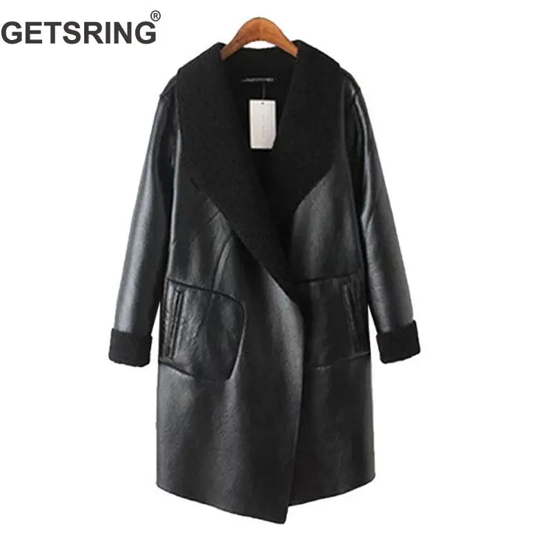 

GETSRING Women Leather Jacket Lamb Wool Long Sleeve Faux Leather Jacket Women Leather Coats Thickened Long Women Winter Coat XXL